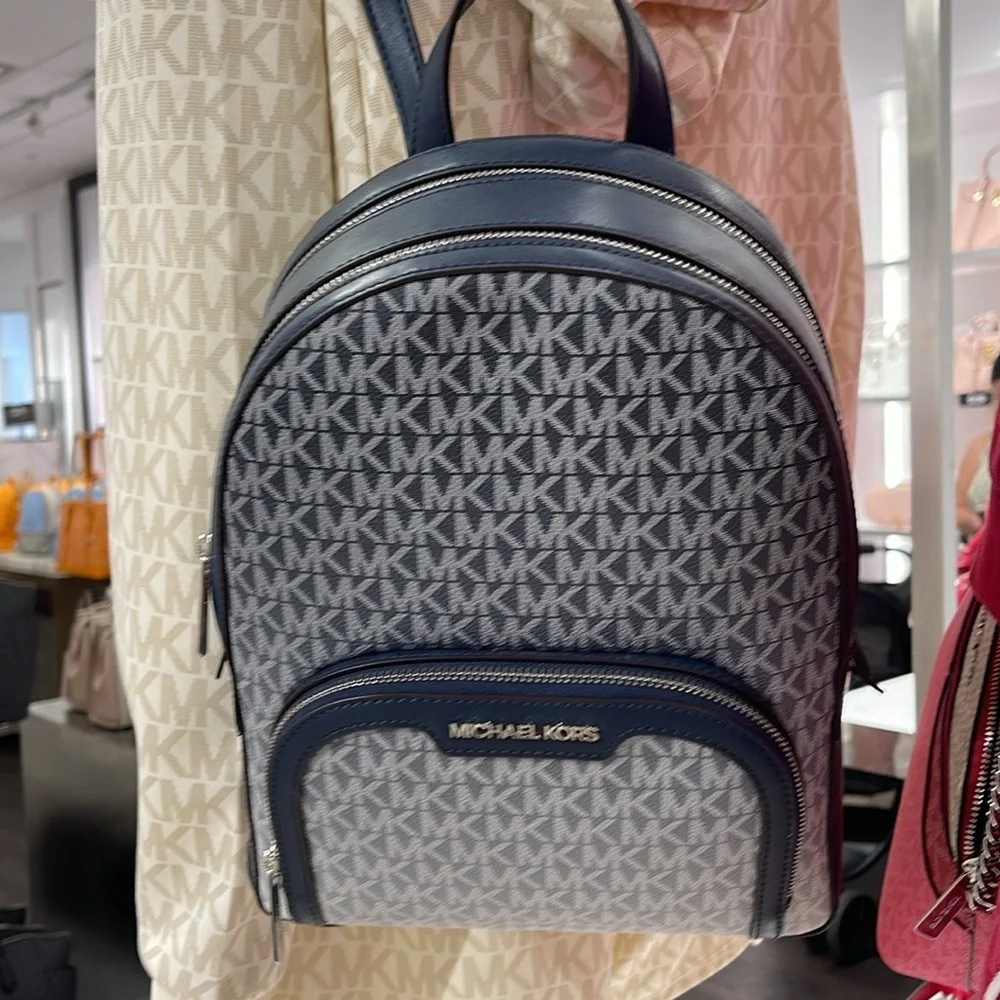MICHAEL KORS Jaycee Medium Ombré Signature Logo Zip Pocket Backpack Navy NWT